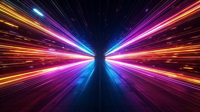 Energetic blue, magenta, red, and orange light streaks converge, reflecting on a dark, tiled floor. A speed tunnel