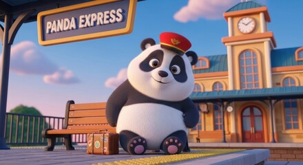 Charming Cartoon Panda Conductor Waiting at Panda Express Station with Suitcase