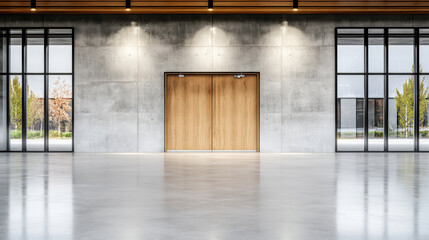 Fototapeta premium Modern entrance with wooden doors and concrete walls, showcasing spacious and bright interior