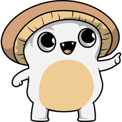 Cute cartoon mushroom creature character with big eyes smiling and waving with tan cap and white body isolated on transparent background