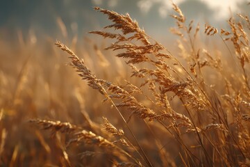 Fototapeta premium Beautiful golden grasses gently swaying in the warm, soft light of a sunset.