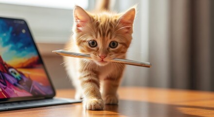 Charming ginger kitten stealing a stylus from a digital tablet on a desk indoor