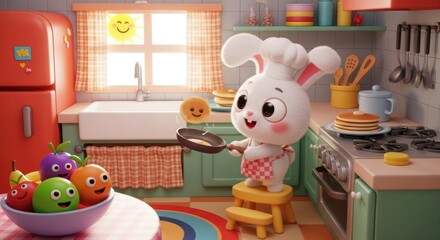 Cute Bunny Chef Making Pancakes in a Whimsical Kitchen with Cheerful Fruits and Sunny Decor