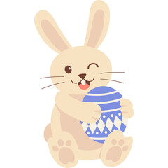 Cute Easter Bunny Holding a Blue Decorated Egg with a Transparent Background and a Winking Eye A Festive and Playful Cartoon Character Illustration