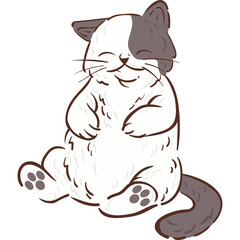 Cute fluffy cartoon cat with closed eyes and a contented smile sitting upright with paws resting on its belly on a transparent white background simple illustration