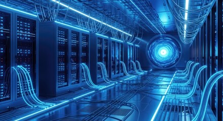 Futuristic server room illuminated with blue neon lights and a central portal effect
