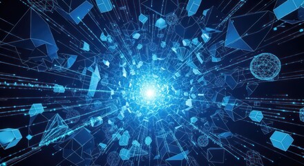 Futuristic technology background with blue geometric shapes and glowing center point