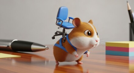 Humorous depiction of a hamster carrying a miniature office chair symbolizing work life