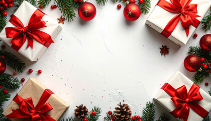 Festive Christmas Gift Arrangement with Red Ornaments and Evergreen Branches.
