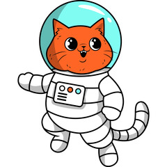 Cute Orange Cat Astronaut Character in a White Spacesuit with Blue Helmet Floating in Space Cartoon Style
