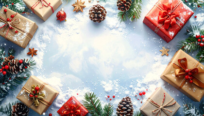 Festive Christmas Gifts and Decorations Arranged in a Circle on Snowy Background.