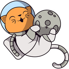 Cute Orange Cat Wearing Astronaut Suit Holding The Moon With A Happy Expression In Outer Space With A Transparent Background