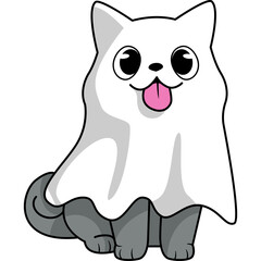 Cute Pixel Art Dog Dressed as a Ghost with a White Sheet and Pink Tongue Out on Transparent Background