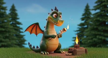 Whimsical Dragon Roasting Marshmallows by a Campfire in a Forest Setting Under a Blue Sky