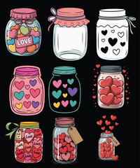 Heart Mason Jar Illustration Set – Colorful Love Jars Vector Collection for Romantic Design