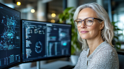 Professional woman working with data on multiple screens, showcasing modern office environment