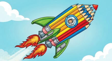 Whimsical Pencil Rocket Ship Launching into a Bright Blue Sky Full of Creativity and Imagination