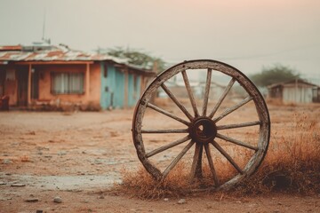 Obraz premium Weathered old wooden wagon wheel in a dusty, rustic rural landscape.