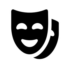 Illustration of two theatrical masks, one smiling and one frowning, representing comedy and tragedy, used in theater and drama