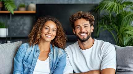 Fototapeta premium Happy couple sitting on couch, enjoying quality time together in cozy living room