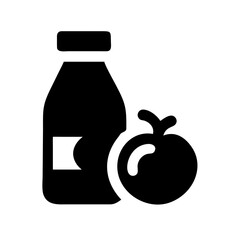 Illustration of tomato juice bottle with tomato, representing healthy eating, organic food, and fresh produce in a simple design
