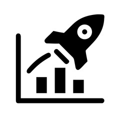 Vector art of a bold silhouette icon of a rocket launching from a bar graph, symbolizing business growth and success
