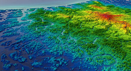 Colorful Topographic Representation of a Landscape with River Network