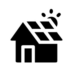 Vector art of a house with solar panels on the roof, depicted in a simple black and white icon, representing sustainable energy