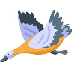 Illustration of a ruddy shelduck flying with wings spread wide against a white background with pastel blue and gray feathers and an orange body