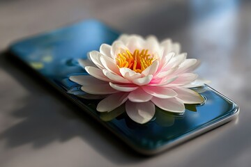 A stunning water lily elegantly floats atop a sleek smartphone, blending technology with natural beauty.