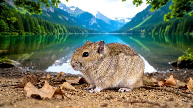 Close Up of Degu on Ground with Idyllic Lake and Mountain Backdrop in Daytime Pretty Degu Rodent Looking At Camera On The Shore With Tranquil Lake And Majestic Mountain View