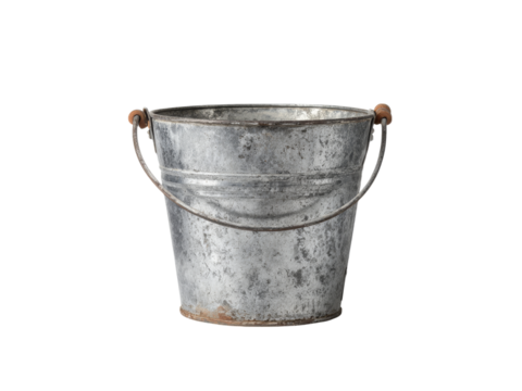 Vintage metal bucket rustic weathered grey container, Isolated On White Background, Png Transparent