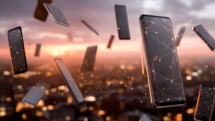 Multiple smartphones float in the air, illustrating advanced connectivity and futuristic technology in a digital era.