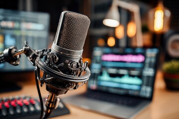 Close-up of a professional microphone in a modern podcast studio, showcasing high-quality audio equipment and setup.