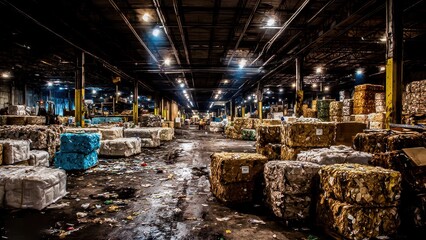 Spacious recycling facility filled with bales of sorted materials, showcasing efficient waste management processes.