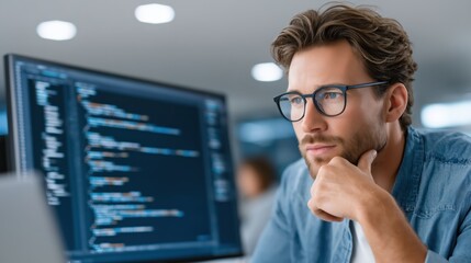 Thoughtful young man pondering coding project in modern tech workspace with computer screen
