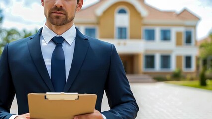 Real estate agent house exterior modern mansion elegant suit clipboard property appraisal luxury home sunny day confidence property sale business