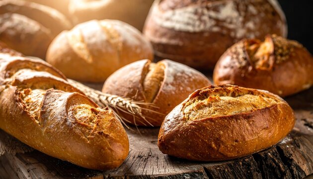 An assortment of fresh baked bread loaves on a rustic wooden surface - Powered by Adobe