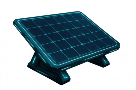 Futuristic solar panel generating clean energy, glowing blue grid lines, renewable technology icon on transparent background