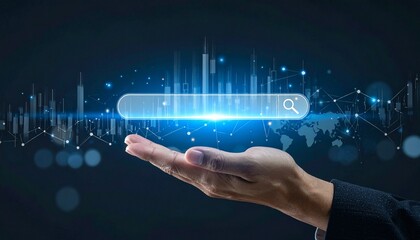 Hand holding a glowing search bar with a digital network overlay