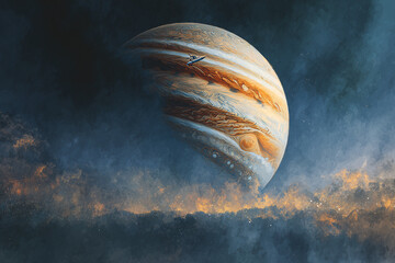 View of planet Jupiter from space. Space, nebula and planet Jupiter.