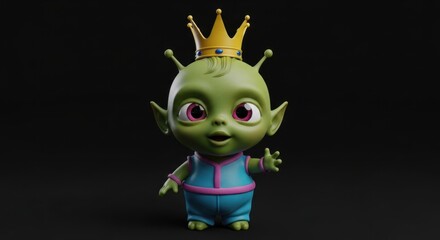 A whimsical 3D render of a baby alien prince with a charming crown set against a dark background