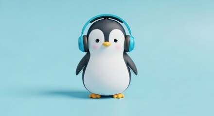 A whimsical 3D rendering of a cute penguin wearing blue headphones on blue background