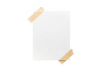 Blank white square paper note with beige tape pieces mockup template for message, reminder, or memo, isolated on transparent background