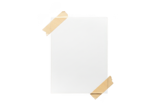 Blank white square paper note with beige tape pieces mockup template for message, reminder, or memo, isolated on transparent background