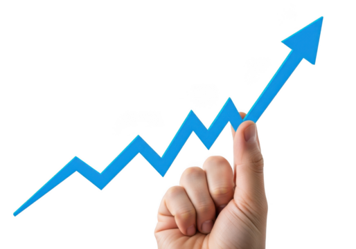 Blue arrow pointing upward held by hand representing growth, success, and positive trends isolated on transparent background