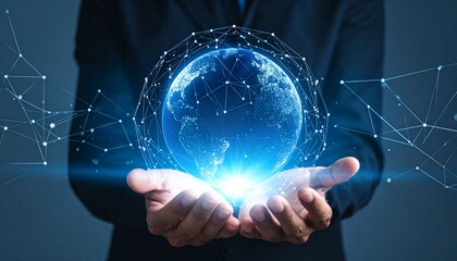 Digital Earth Network in Human Hands Visualizing Global Business, Technology, and Future Connectivity