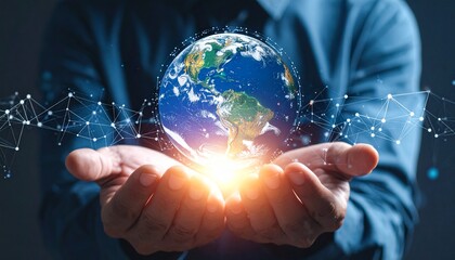 Conceptual image of a person holding a glowing Earth orb with network connections, symbolizing global connectivity and the digital age