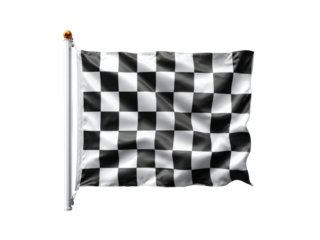 Black and white checkered flag waving on pole, Isolated On White Background, Png Transparent