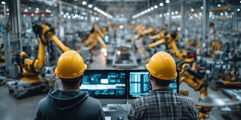 Fototapeta premium Industrial Workers Monitoring Robotic Automation in Modern Manufacturing Facility